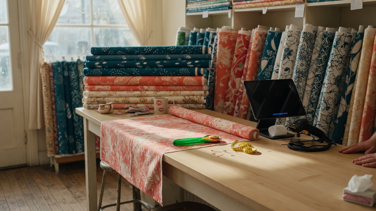 Fabric shop counter ready for the day