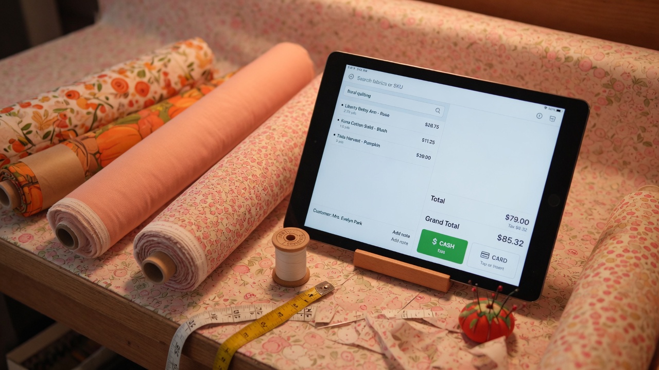 StitchPOS register on a tablet at the cutting counter